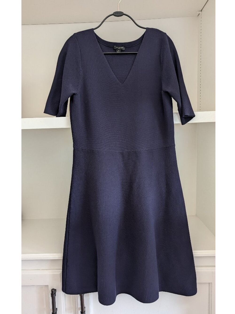 Ann Taylor Navy Knit Sweater Dress V-Neck Short Sleeves A-Line Skirt